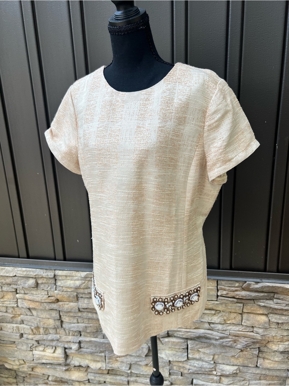 Tory Burch Ivory Textured Short-Sleeve Tunic with Embellished Pockets - Picture 5 of 7